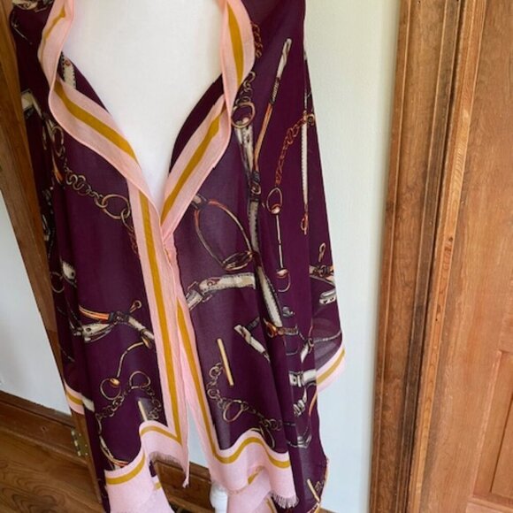 Talbots Mulberry Pink Printed Frayed Oblong Scarf Modal Equestrian Print - Picture 9 of 13